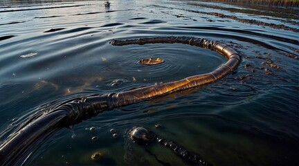 A containment boom snakes through water reflecting the golden light of a setting sun, indicating an oil spill control attempt - obrazy, fototapety, plakaty