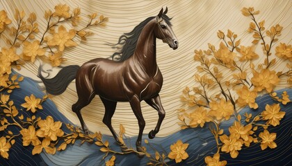 Background. Vintage illustration, horse, chinoiserie, golden brushstrokes. Textured background. Oil...