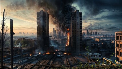 A twilight view of a ravaged city, with skyscrapers in flames and deserted streets