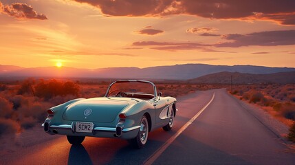 Vintage Convertible on Desert Road at Sunset