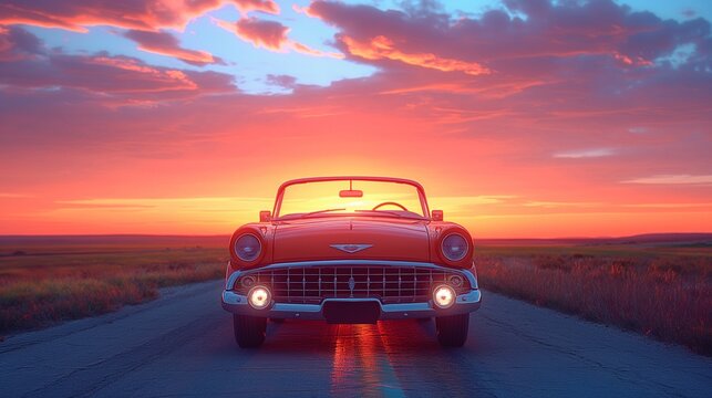 Fototapeta Vintage Convertible Car Under Fiery Sunset Sky