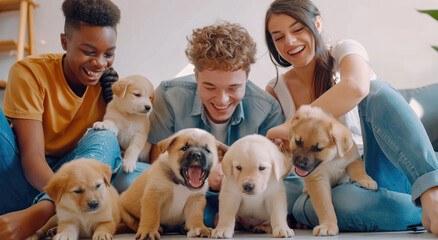 A group of young adults playing with puppies in an office setting, creating a casual and playful...