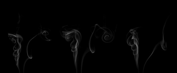 Collection of animated white smoke on black background. Smoke clouds. Isolated abstract lines.