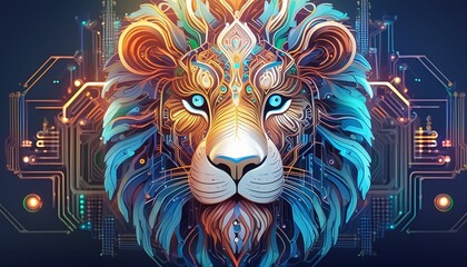 The shape of a lion head combines with a colourful electronic board, a powerful technology concept