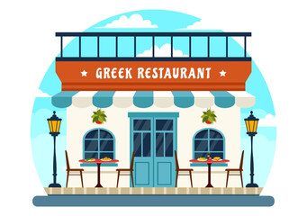 Obraz premium Greek Cuisine Restaurant Vector Illustration with Set Menu Delicious Dishes Traditional or National Food in Flat Cartoon Background Design