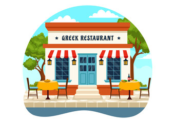 Greek Cuisine Restaurant Vector Illustration with Set Menu Delicious Dishes Traditional or National Food in Flat Cartoon Background Design