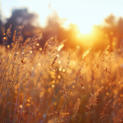 Beautiful nature background with meadow grass and sun light in the morning. Soft focus