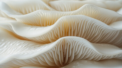 Abstract background of white mushroom gills. Closeup photo for design, dark and melancholic music video. photorealistic, high resolution, composition