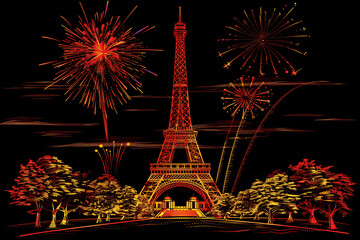Eiffel Tower illuminated at night with fireworks.