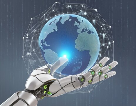 robotic arm interacting with the 3D Earth on the center of a screen and artificial intelligence controls the global network. Robot hand pointing at earth in cyber space.