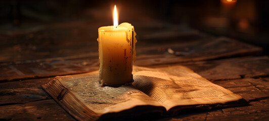 Light candle with holy bible and cross or crucifix on old wooden background in church .Candlelight and open book on vintage wood table Christianity study and reading in home. of Christ religion.