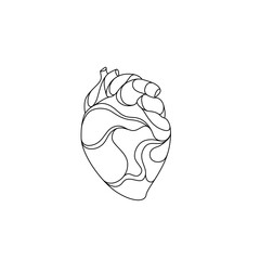 Heart abstract line art drawing, isolated vector illustration, human heart small tattoo, print and logo design, single line on white background. 