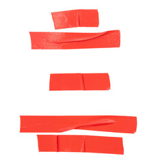 Top view set of red adhesive vinyl tape or cloth tape in stripes isolated on white background with...