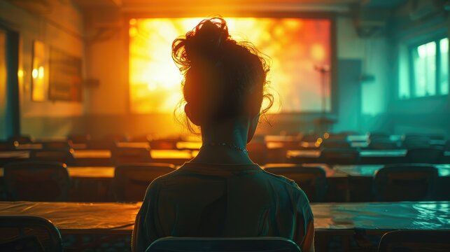 A student sitting in a classroom, watching a movie about safety.