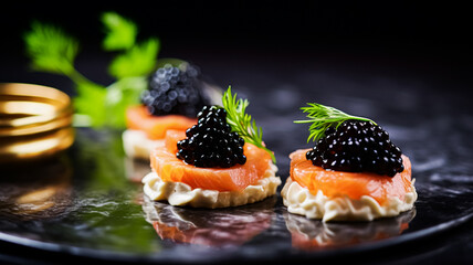 Food, hospitality and room service, starter appetisers with caviar as exquisite cuisine in hotel restaurant a la carte menu, culinary art and fine dining experience