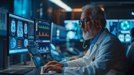 An elderly male doctor is looking at a brain scan on a computer screen.