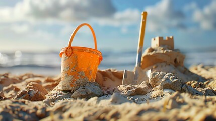 A sandcastle, shovel, and bucket on the beach with the ocean in the background.