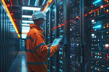 An engineer in a hard hat and safety vest inspects a server rack in a data center.