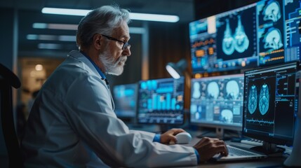 An experienced doctor is using AI to analyze a patient's brain scan.