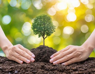 An image of farmer hands planting and nurturing a tree on fertile soil against a green and yellow bokeh background. Protect nature.