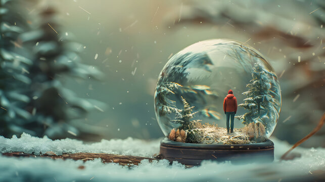 A surreal image of a person trapped inside a snow globe, the miniature world contained within representing the confines of their own mind and limited perspectives