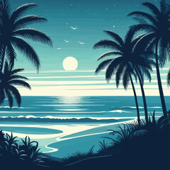 Fototapeta na wymiar free vector Beach view with silhouettes of coconut trees and shades of blue
