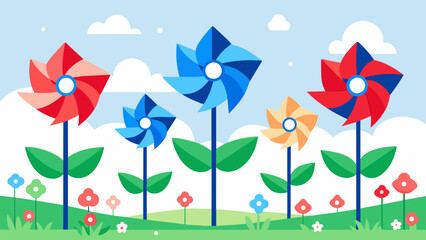 In the childrens section of the garden a playful display of colorful pinwheels spin in the wind each one featuring red white and blue petals.. Vector illustration