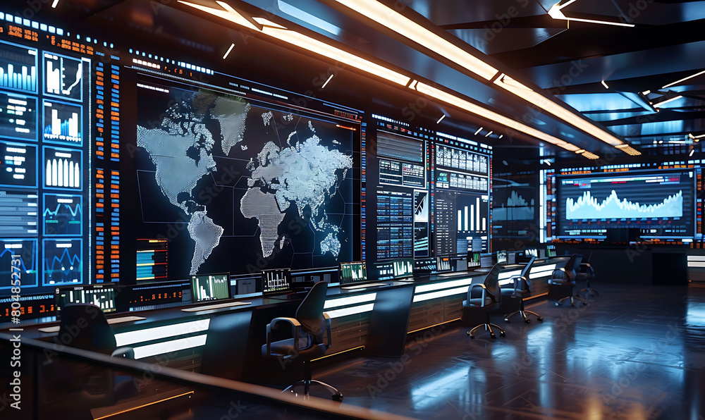 Aufkleber digital trading floor with screens showing global export data