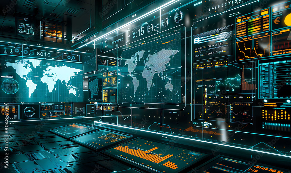 Aufkleber Digital trading floor with screens showing global export data