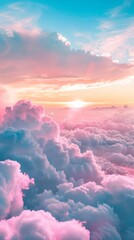 A beautiful blue sky with pink clouds and a sun in the background