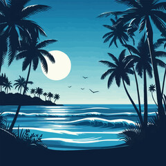 free vector Beach view with silhouettes of coconut trees and shades of blue