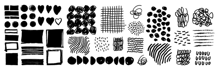 Line texture set. Black vector hand-drawn doodle background patterns. Pen marker scribbles, circles, lines and hatches. Rough grungy textures. Isolated strokes, stripes, hearts, crosshatches art