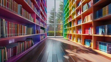Glorious Bookshelves in the library with colorful books 3d illustration