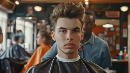 Fototapeta premium Man at hair salon, Tukang cukur muda yang bergaya sedang memotong rambut seorang pria