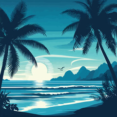 free vector Beach view with silhouettes of coconut trees and shades of blue