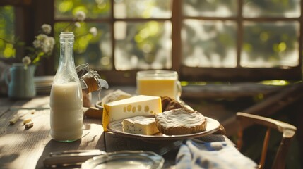 beautiful glass bottle of milk on wooden desk table top with nature background , space for text, cards banners or posters