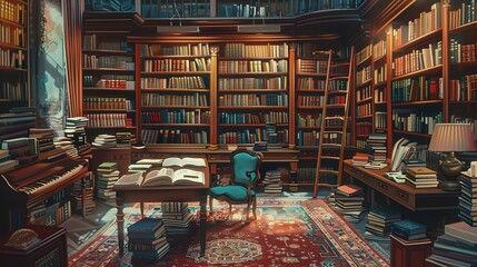 Wonderful Charming Antique Library or Bookstore Overflowing with Books