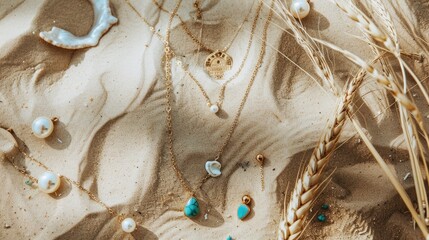 In this artistic landscape, a necklace lies on a circle of sand, adorned with seashells and pearls. The wind creates aeolian landforms, adding a fun touch to the scene AIG50