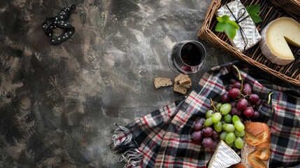Obraz premium A picnic featuring a bottle of wine, grapes, cheese, bread, and a glass of wine, all laid out on a tartan blanket. The natural foods complement the plantbased recipe perfectly AIG50