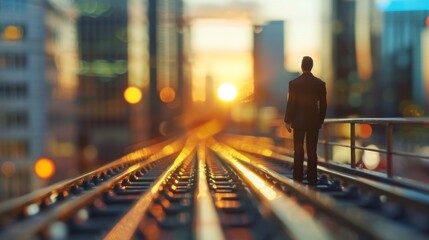 businessman standing on railroad tracks at sunset