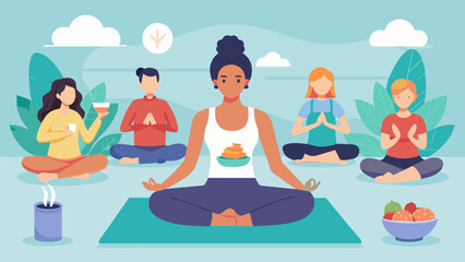 A yoga class incorporates lessons on mindful eating and the impact it can have on ones overall wellbeing.. Vector illustration