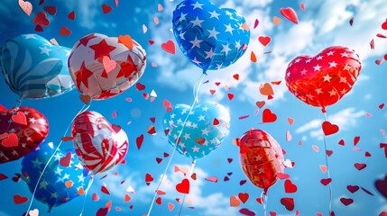 Heart-shaped balloons with American flag patterns floating in the sky. Festive outdoor celebration photography. Independence Day and patriotic concept for greeting card and banner.