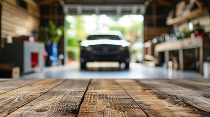 Empty wooden product table overlooking blurred garage view, Ai generated Images