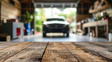 Obraz premium Empty wooden product table overlooking blurred garage view, Ai generated Images