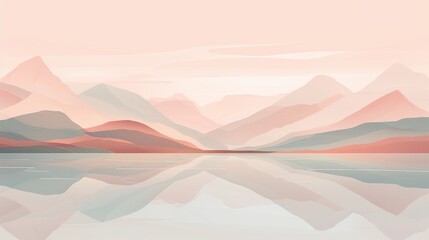 Picture a landscape where the calm rhythms of nature are captured in a minimal illustration, with mountains and a lake bathed in gentle peach hues, reflecting a peaceful setting AI Generate