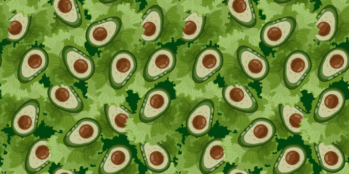 Vector seamless pattern with avocado and green lettuce leaves. Floral endless print for printing on fabric, wrapping paper, covers. Vegetarianism and healthy eating.