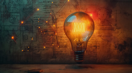 A light bulb is lit up in front of a wall with a lot of numbers and symbols