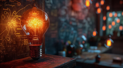 A light bulb is lit up in a room with a chalkboard on the wall