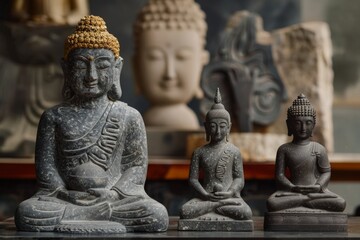 Collection of intricately carved Buddha statues displayed on a shelf. Asian heritage and meditation concept. Design for spiritual decor, cultural exhibitions