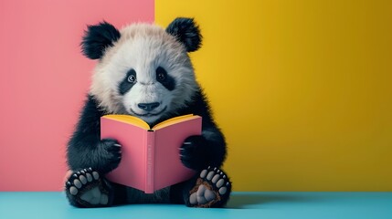 Surreal Panda Reads Book on Vivid Backdrop in Studio Lighting